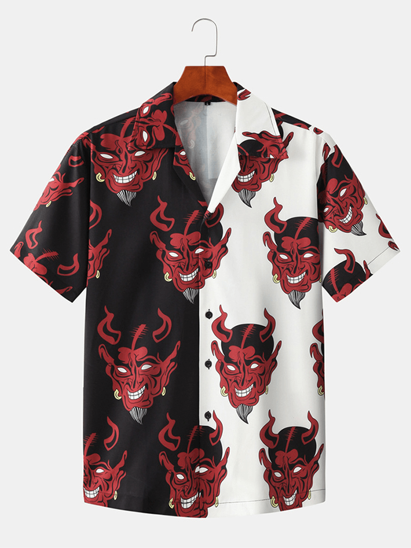 Mens Patchwork Devil Print Revere Collar Short Sleeve Designer Shirts