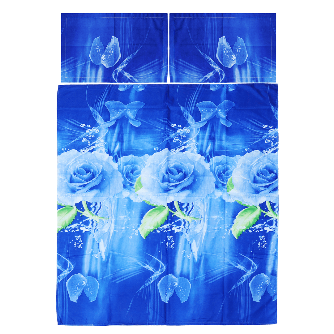 3PCS 200 X 230Cm 3D Blue Rose Printed Bedding Pillowcase Quilt Cover Bedding Sets Queen Size