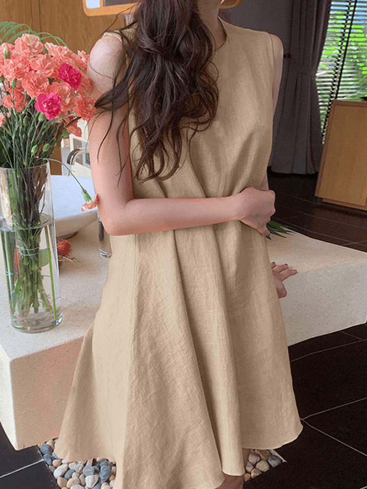 Women Cotton Solid Color round Neck Sleeveless Casual Midi Dress