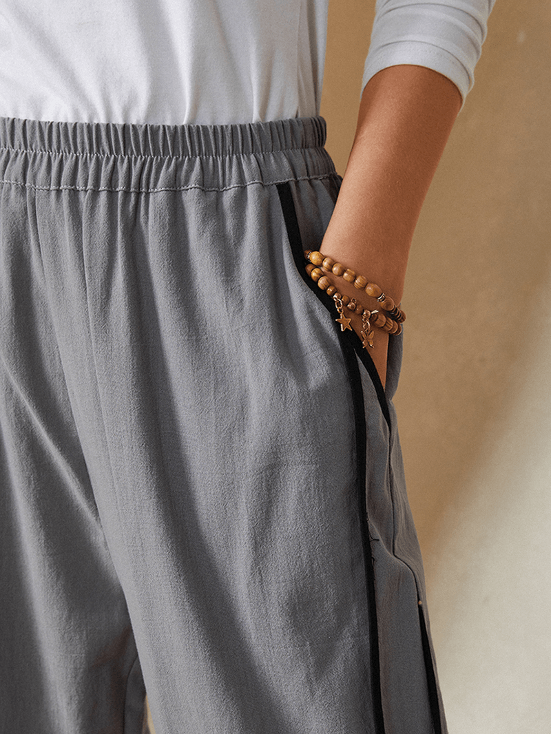 Cotton Elastic Waist Casual Patchwork Pocket Wide Leg Women Pants