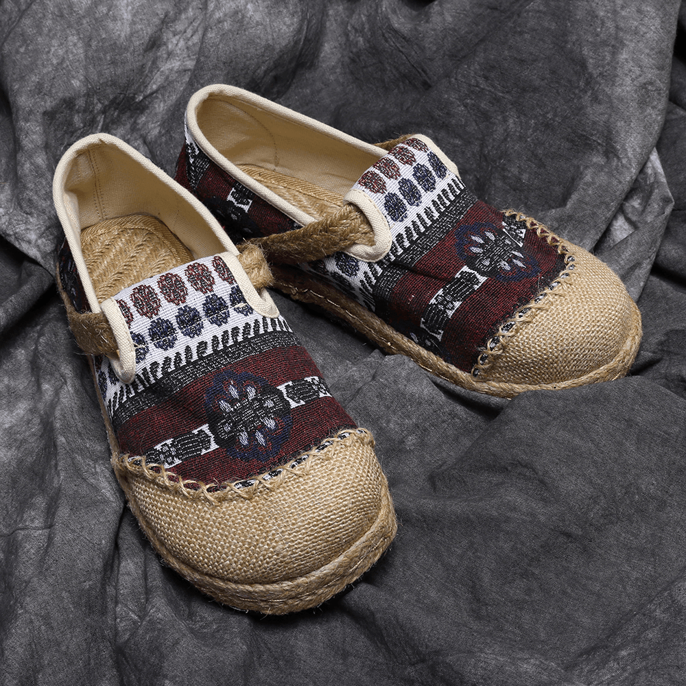 Women Linen Straw Pattern Casual Slip on Espadrille Flat Loafers