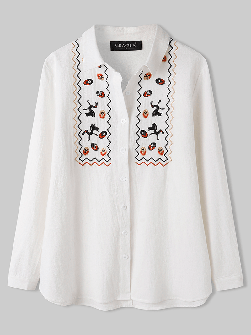 Women White Lapel Ethnic Embroidery Daily Casual Long Sleeve Shirts