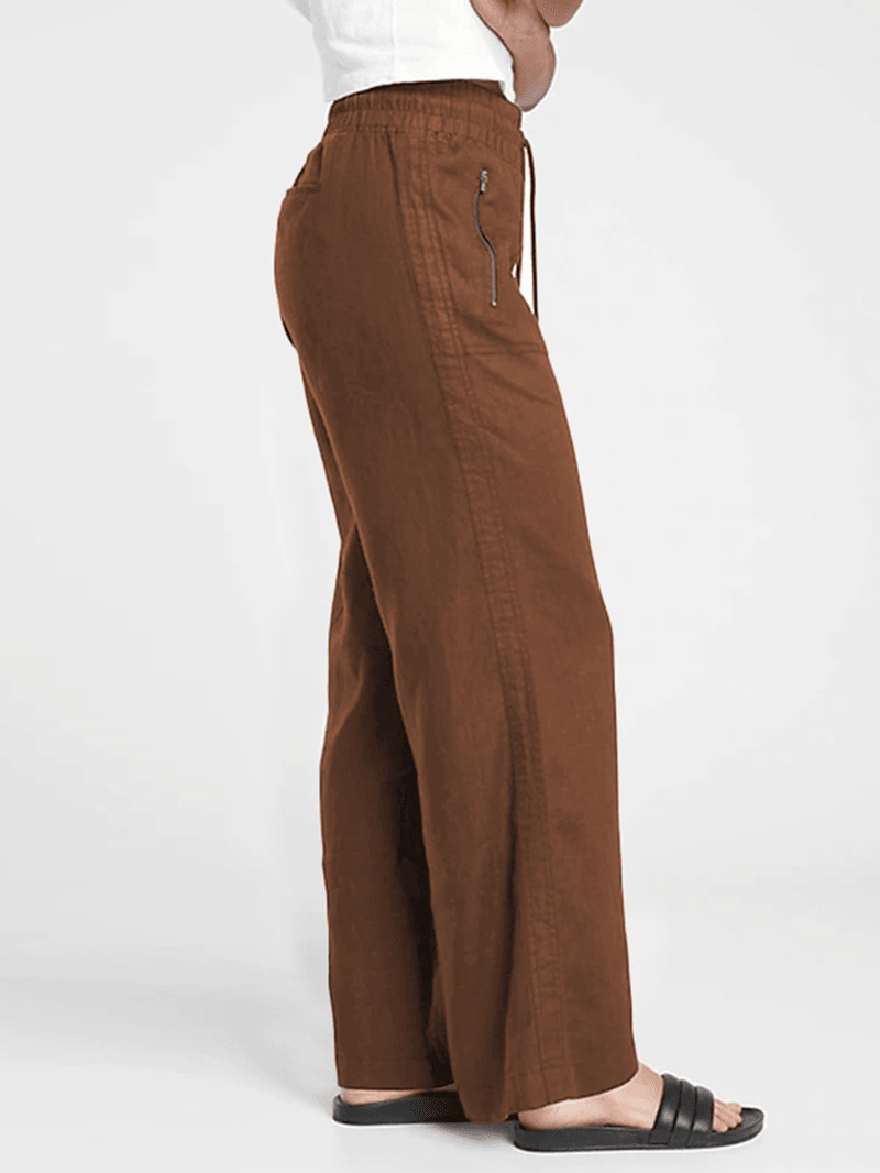 Solid Color Elastic Waist Side Pocket Simple Casual Wide Leg Pants for Women