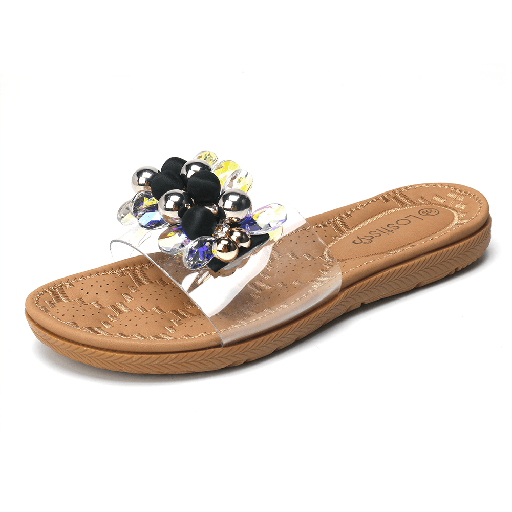 Lostisy Women Beach Beaded Decoration Flat Slippers