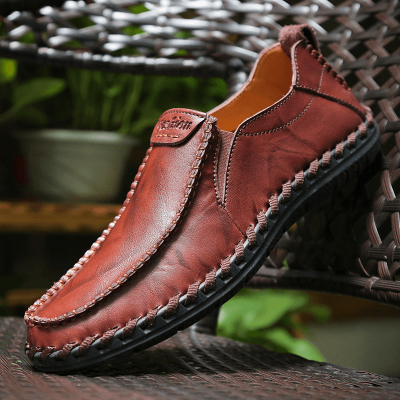 Men Hand Stitching Sfot Leather Non Slip Sole Comfy Slip-On Casual Driving Shoes