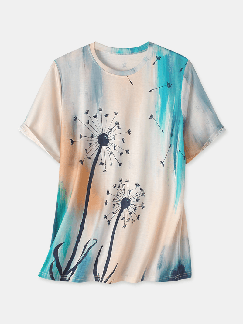 Women Plant Ombre Print round Neck Casual Short Sleeve T-Shirts