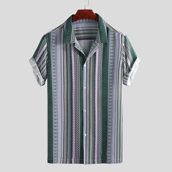 Men Ethnic Stripe Print Short Sleeve Relaxed Hawaiian Shirts