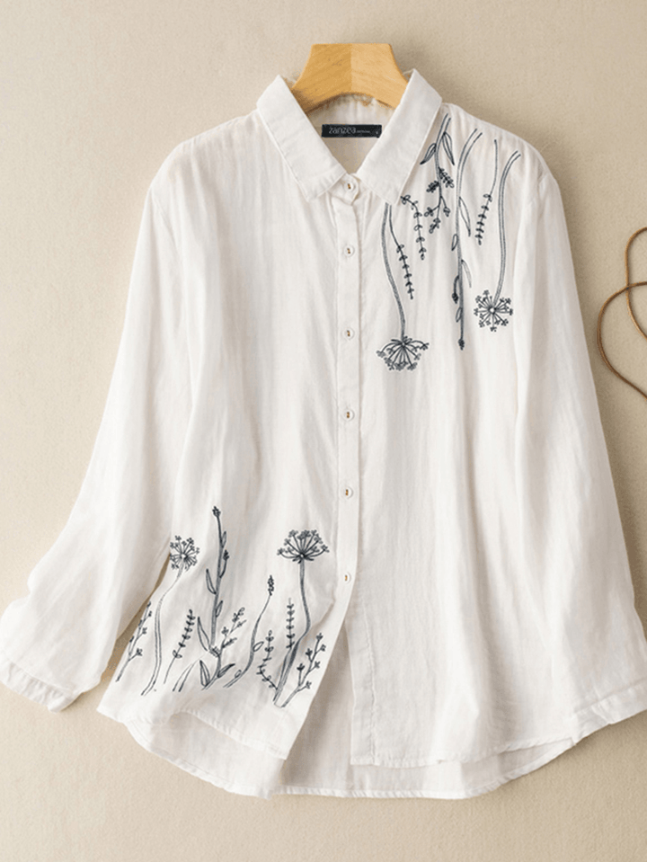 Women Puff Sleeve Flowers Printed Embroidery Button Stand Collar Shirt - MRSLM