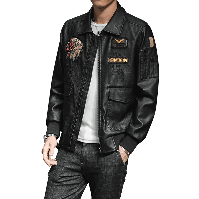 Men'S Pu Leather Jacket Men'S Lapel Embroidery Motorcycle Jacket