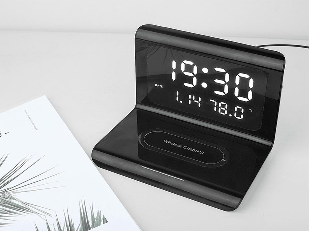 Electric LED 12/24H Alarm Clock with Phone QI 10W Wireless Charger Table Digital Thermometer LED Display Desktop Clock Perpetual Calendar - MRSLM