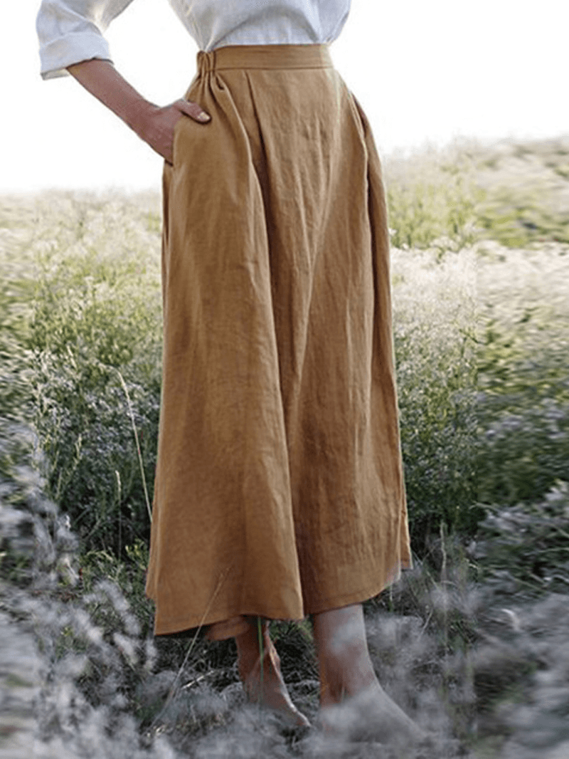 Solid Elastic Waist Linen Cotton Skirts