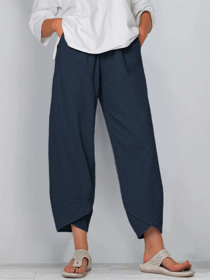 Solid Color Elastic Waist Casual Pants with Pockets