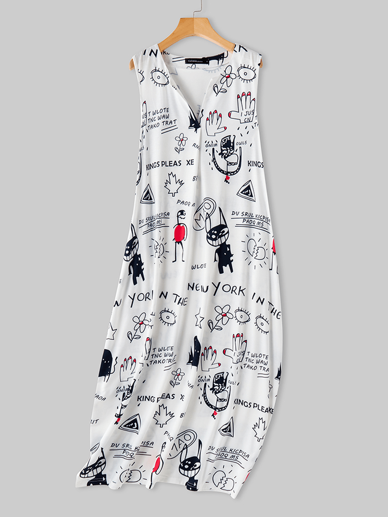 Cartoon Fun Graffiti Print Sleeveless V-Neck Casual Dress with Pocket - MRSLM