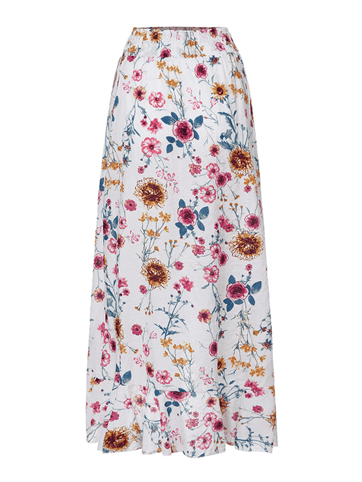 Bohemian Beach Floral Print Elastic Waist Flounce Hem Maxi Skirts