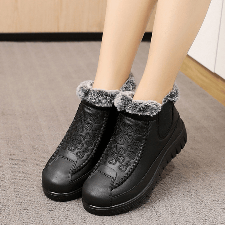 Women Comfy Floral Embroidered Waterproof Warm Lining Cotton Snow Boots