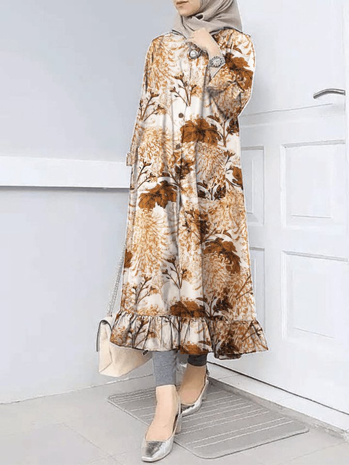 Women Flora Print Ruff Hem O-Neck Casual Bohemian Abaya Kaftan Shirt Dress with Pocket