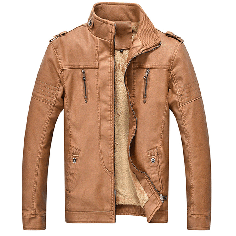 Winter Velvet plus Thick Warm Stylish PU Motor Yellow Faux Washed Leather Jacket for Men