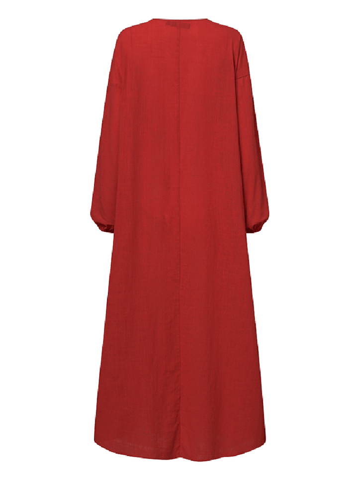 Women V-Neck Cotton Long Sleeve Puff Sleeve Maxi Dresses with Side Pockets