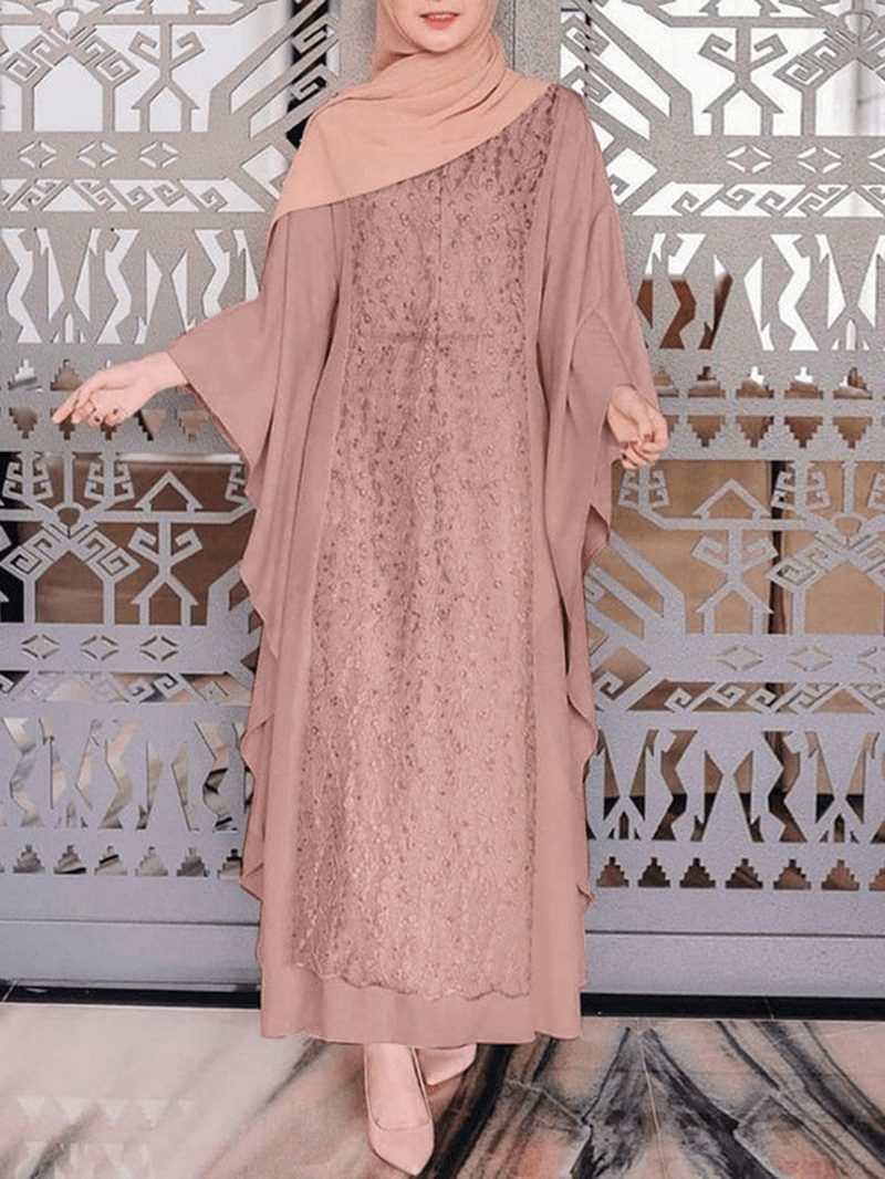 Women Long Sleeve Lace Patchwork Bat Sleeve Kaftan Tunic Solid Color Pleats Midi Dresses