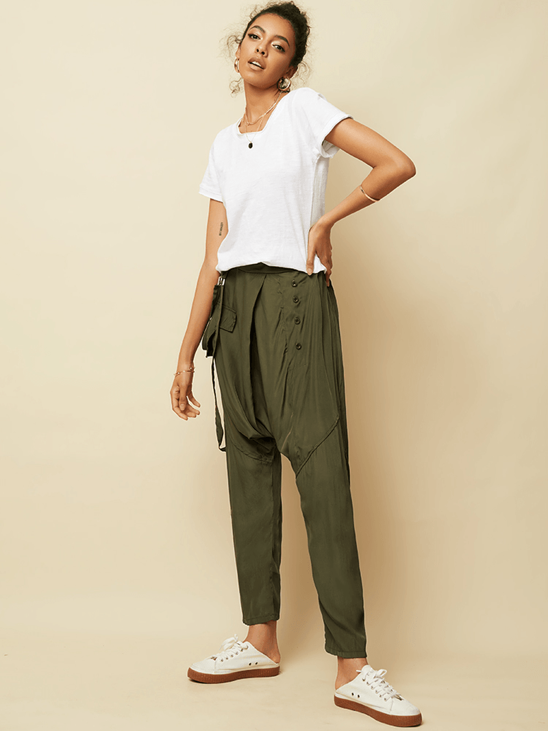 Women Solid Elastic Waist Button Casual Pants