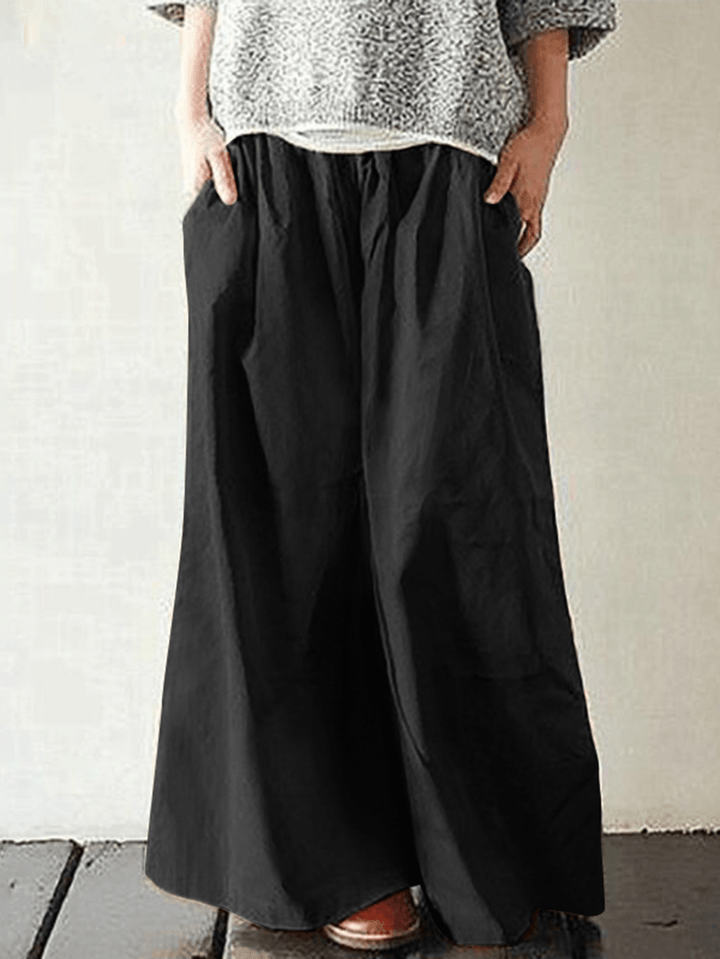 Women Cotton Pocket Elastic Waist Wide Leg Loose Casual Pants - MRSLM