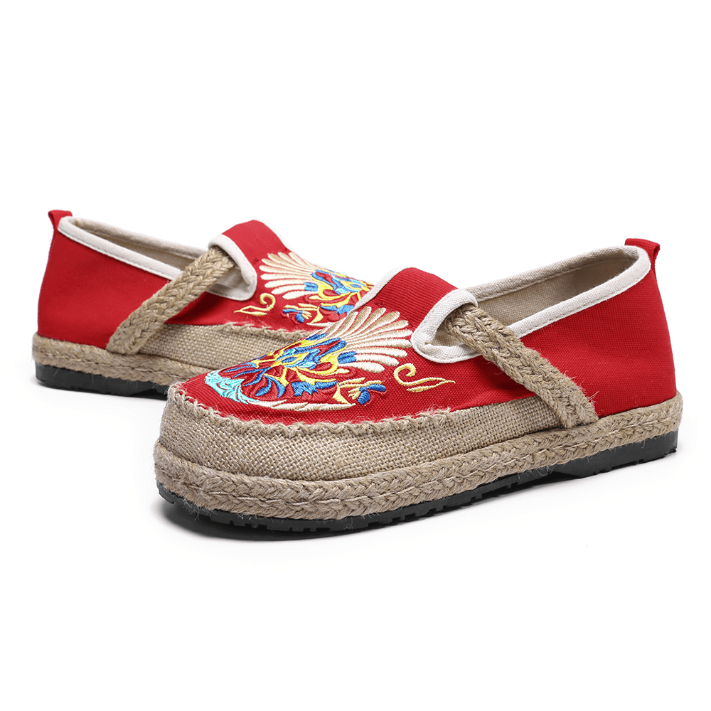 Women Linen Comfy Embroidery Straw Slip on Flat Loafers