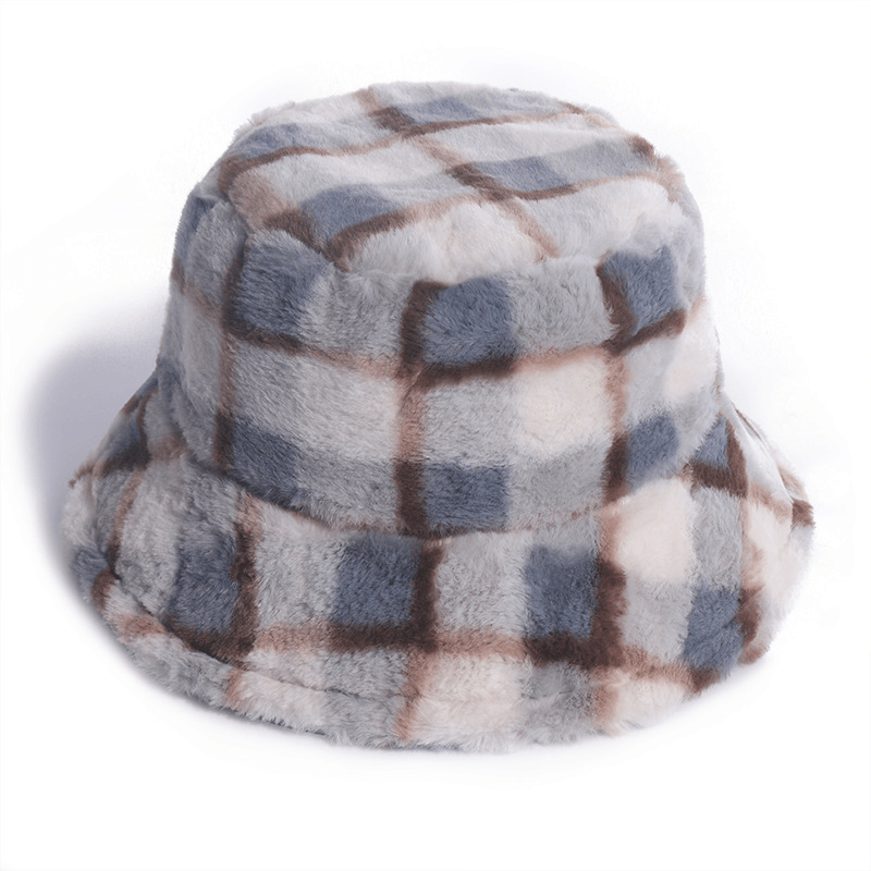 Plaid Fisherman Hat For, Korean Version of Rabbit Fur Plush Travel Warm All-Match