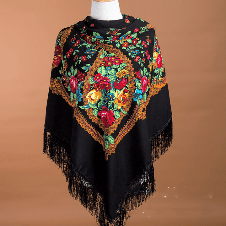 Large Square Scarf Shawl with Ethnic Print Tassels to Keep Warm