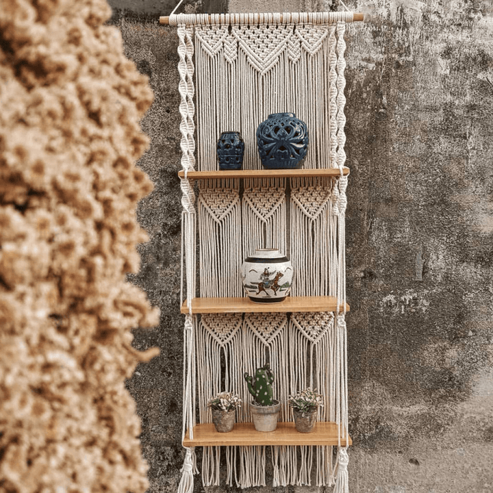 3-Tier Bohemia Macrame Woven Wood Mount Shelf Tapestry Tassel Wall Hanging Bookshelf for Home Decor