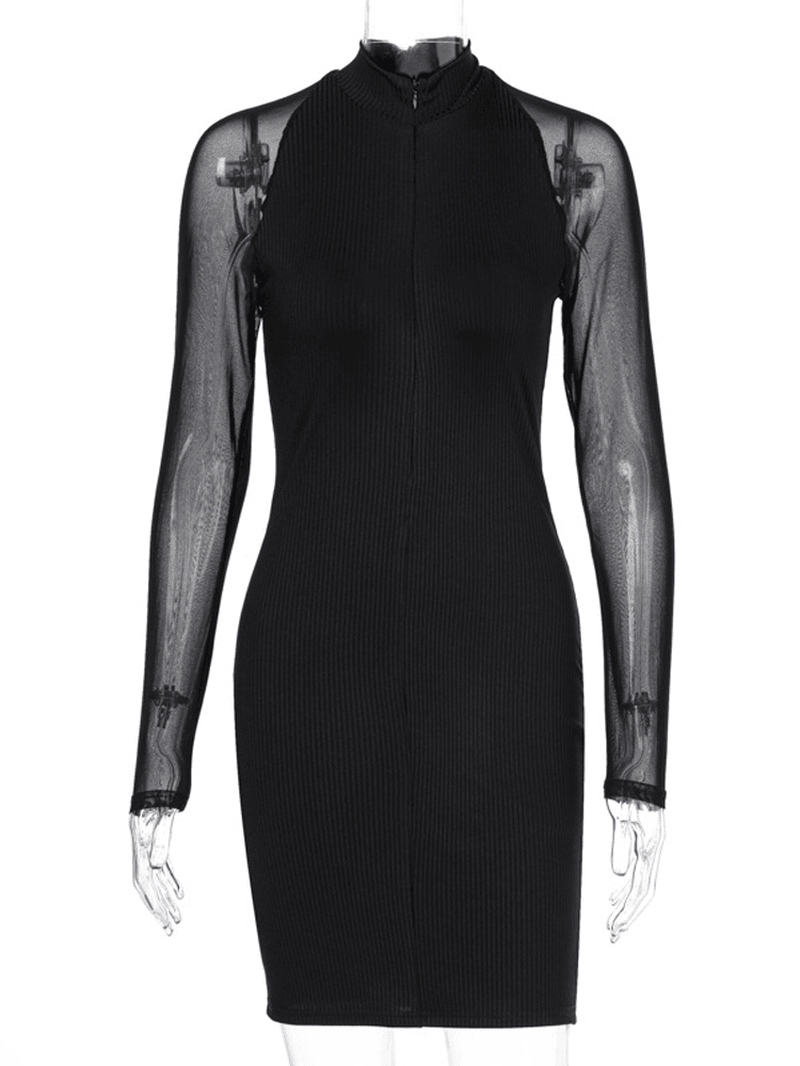 Women Stand Collar Front Zipper Mesh Long Sleeve Slim Wrap Dress - MRSLM