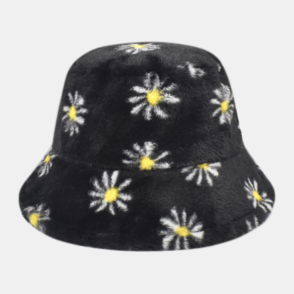 Women Lamb Hair Soft Warm plus Thicken Casual All-Match Cute Daisy Flower Pattern Bucket Hat