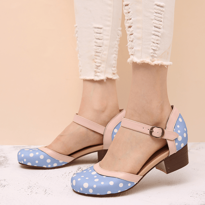 Women Polka Dot round Toe Ankle Strap Block Heel Casual Comfy Heels Pumps