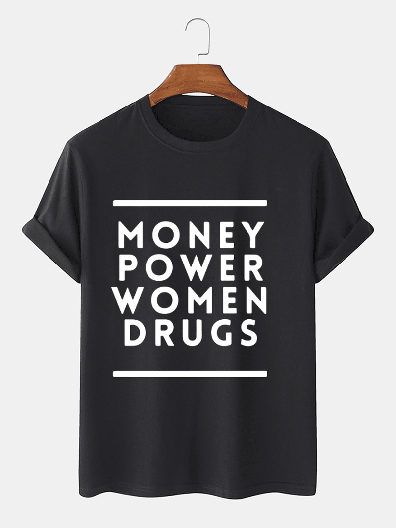 Mens Money Power Letter Print Cotton O-Neck Casual Loose Short Sleeve T-Shirt