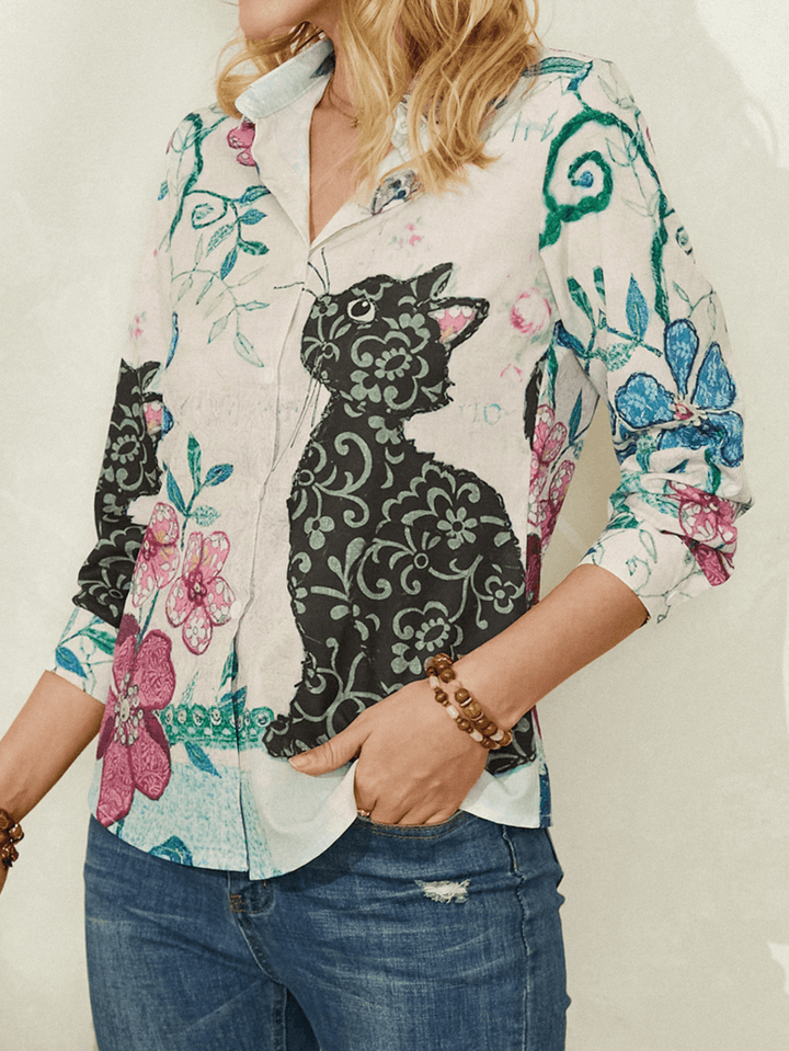 Women Cute Cat Print Long Sleeve Lapel Casual Shirt