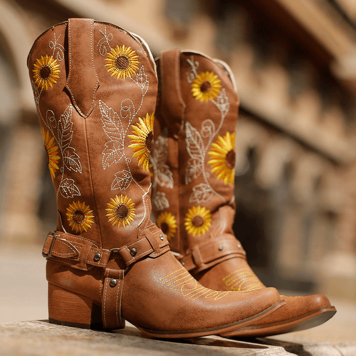 Women Retro Sunflowers Pattern Pointed Toe Chunky Heel Harness Cowboy Boots