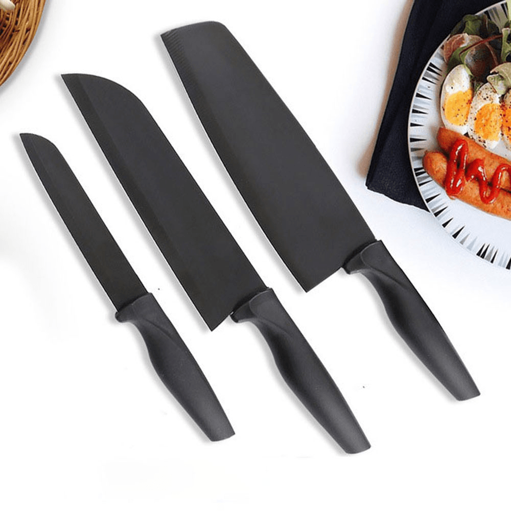 3PCS Black Stainless Steel Kitchen Knife Coating Non-Stick Sharp Blade Chef Knife Set Light Weight Handle Kitchen Knife Gift