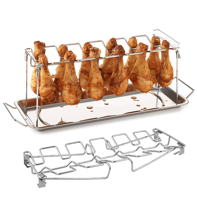 BBQ Grill Rack Beef Chicken Leg Wing Smoker Oven Roaster Stand 14 Slots Stainless Steel Barbecue Drumsticks Holder with Drip Pan Camping Picnic