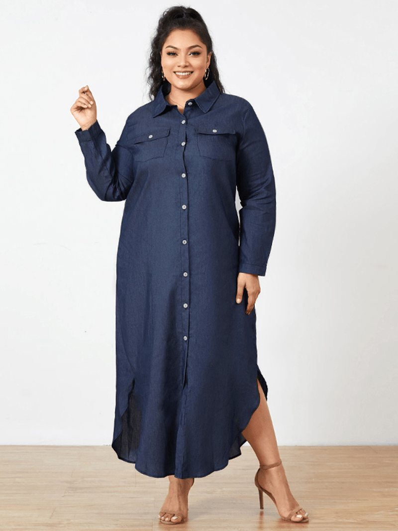 Casual Loose Button Front Irregular Split Hem Denim Maxi Shirt Dress with Front Pockets