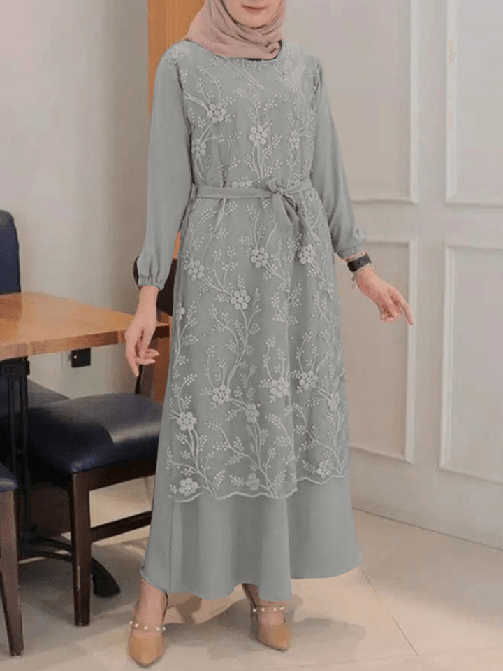 Women Flowers Embroidery Stitching Lace up Casual Elastic Cuffs Maxi Dresses - MRSLM