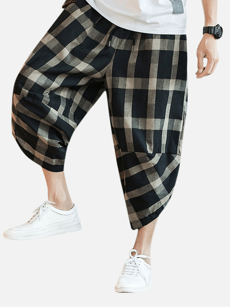 Mens Plaid Cotton Linen Loose Drawstring Calf-Length Casual Harem Pants