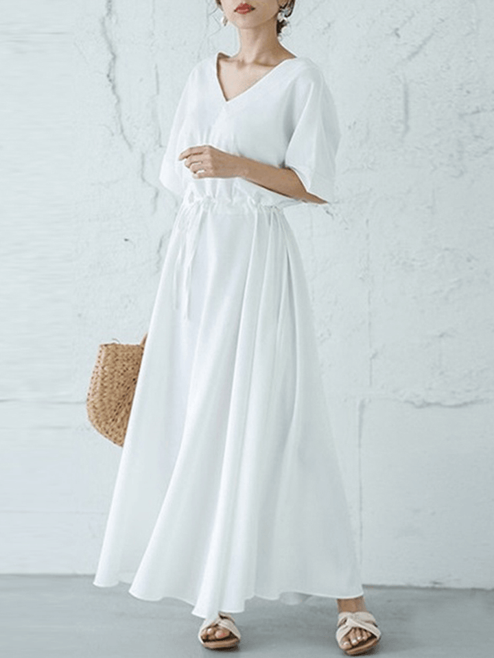 Solid Color V-Neck Drawstring Waist Short Sleeve Maxi Dress