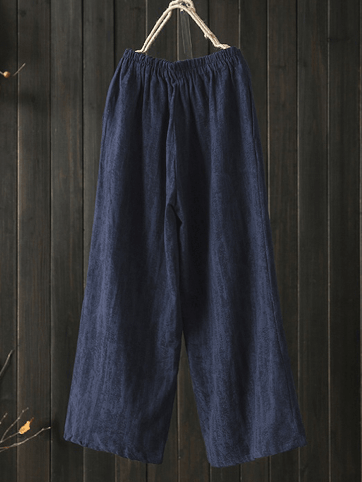 Women High Elastic Waist Loose Cotton Wide Leg Pants with Pockets