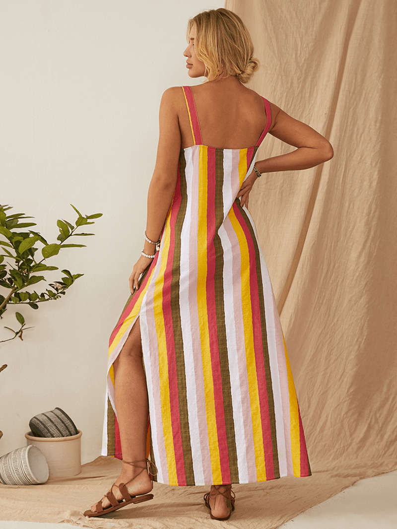 Striped Button down Split Straps Women Casual Maxi Dress