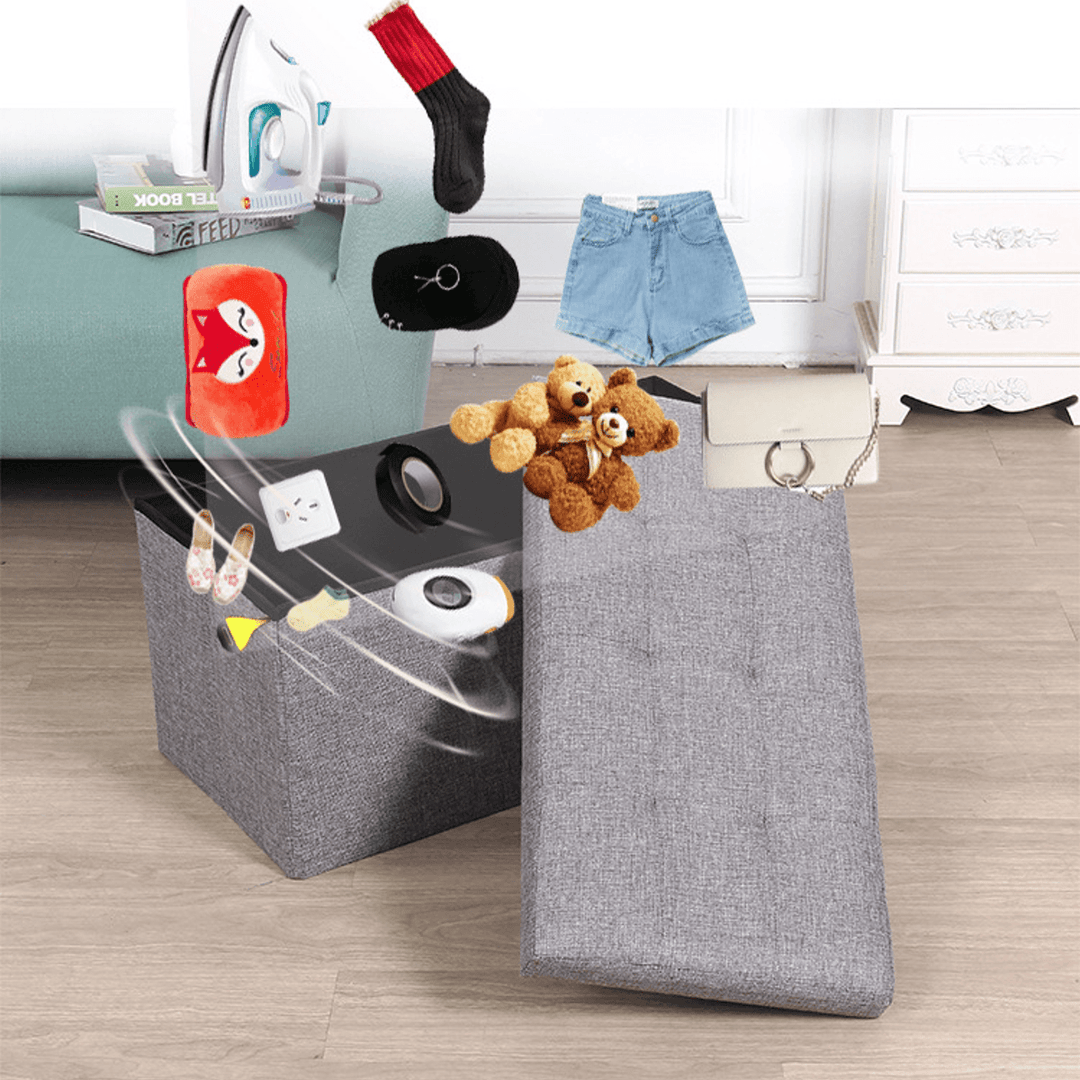 Folding Storage Ottoman Chair Seat Stool Chest Toy Storage Box Linen Look