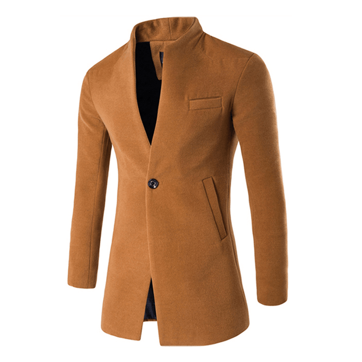 Mens Business One Button Stand Collar Fashion Casual Slim Fit Wool Jacket