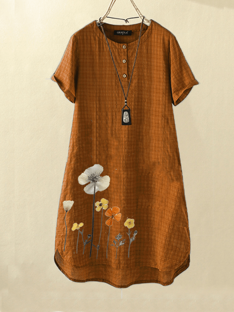 Women Flower Print High-Low Hem Short Sleeve Casual Dress