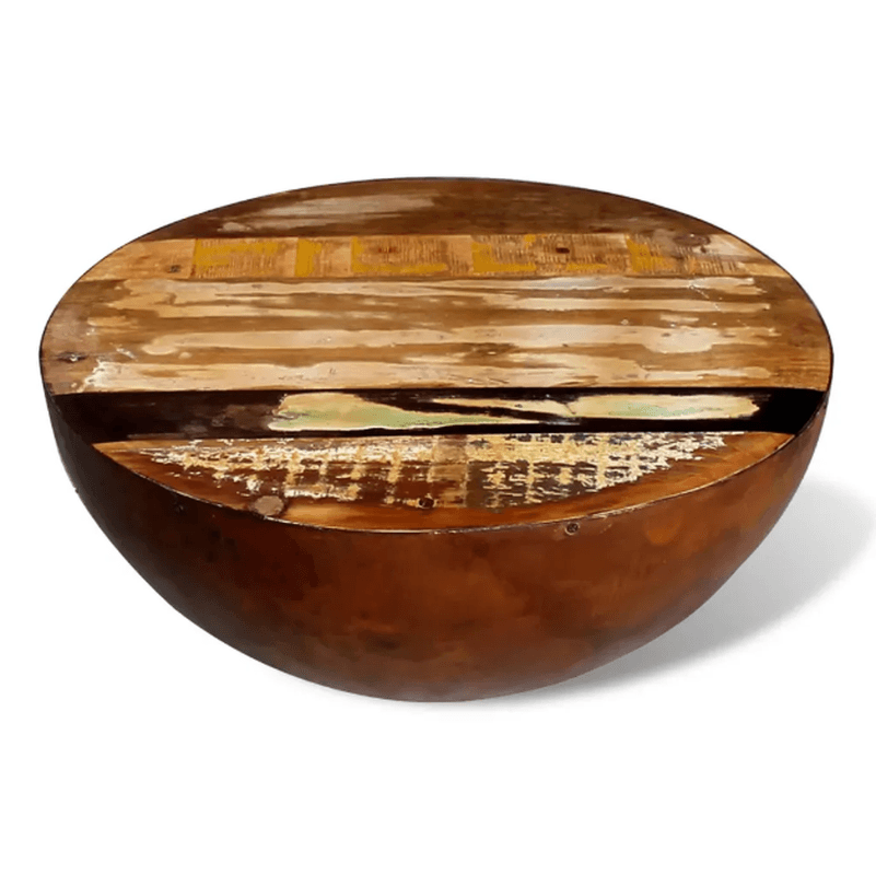 Unique Coffee Table Bowl-Shaped with Steel Base Solid Reclaimed Wood Accent End Table