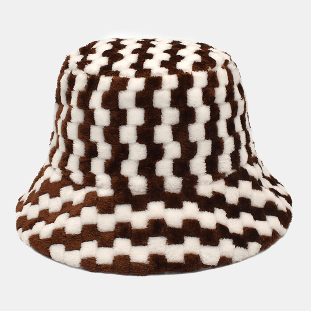 Unisex Lattice Jacquard Plush Warmth Bucket Hat Outdoor Casual Thicken Cool Protection Faux Rabbit Fur Hat