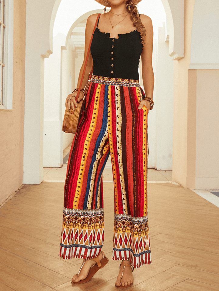 Women Colorful Ethnic Style Striped Print Loose Mid Waist Wide Leg Pants