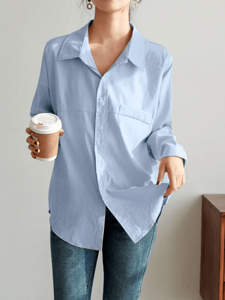 Solid Color Lapel Long Sleeve Plain Daily Casual Shirts for Women